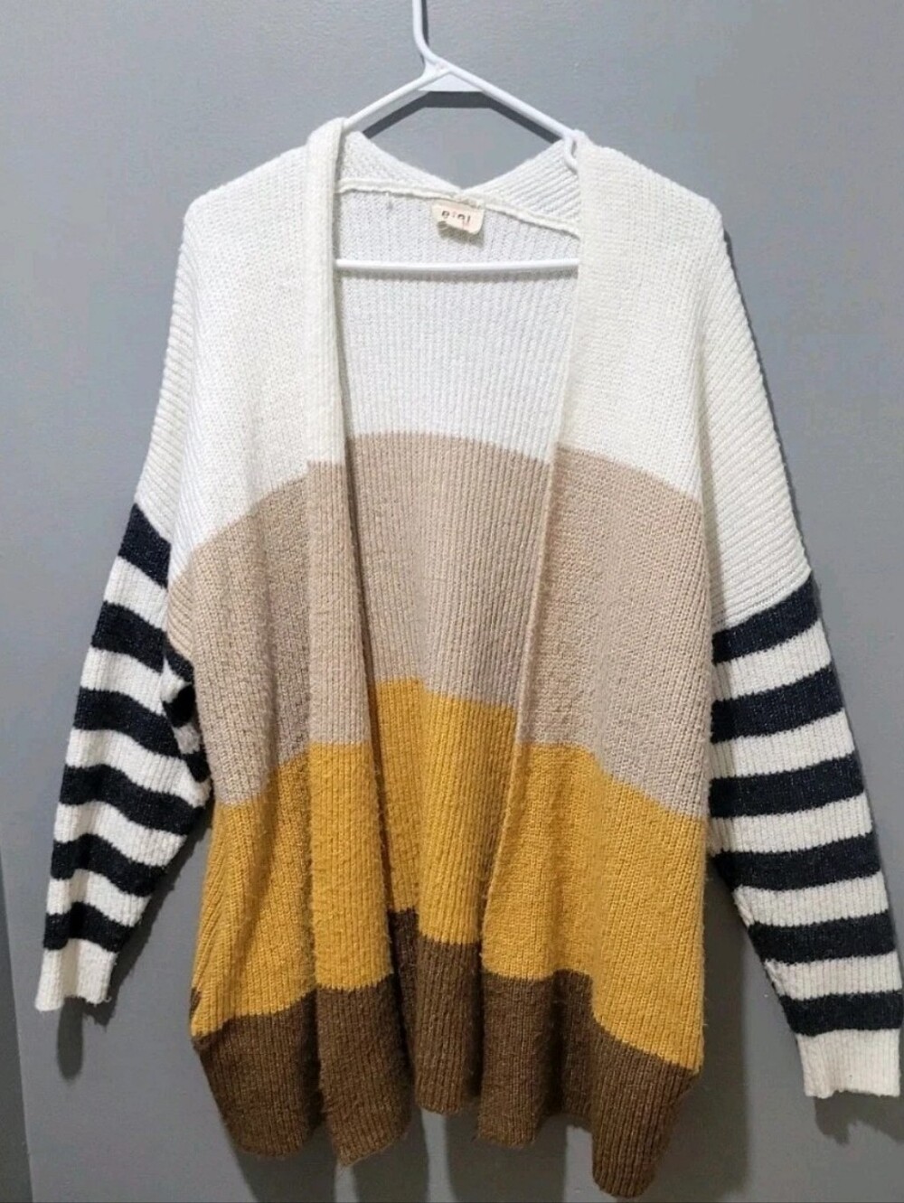 BIBI Cozy Colorblock Open-Front Cardigan Sweater - White, Tan, Mustard, Brown M